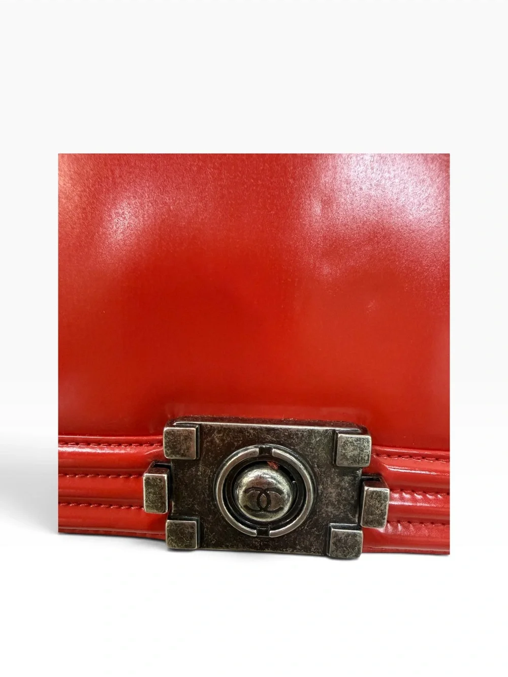 Authentic Chanel Medium Boy Red Glazed Calfskin Flap Bag